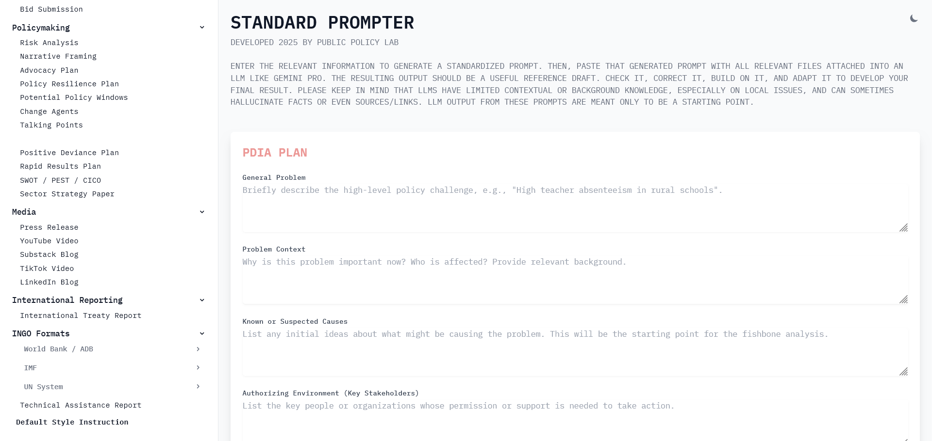 Standard Prompter &ndash; PDIA plan template showing structured input fields for problem context, stakeholders, and root causes